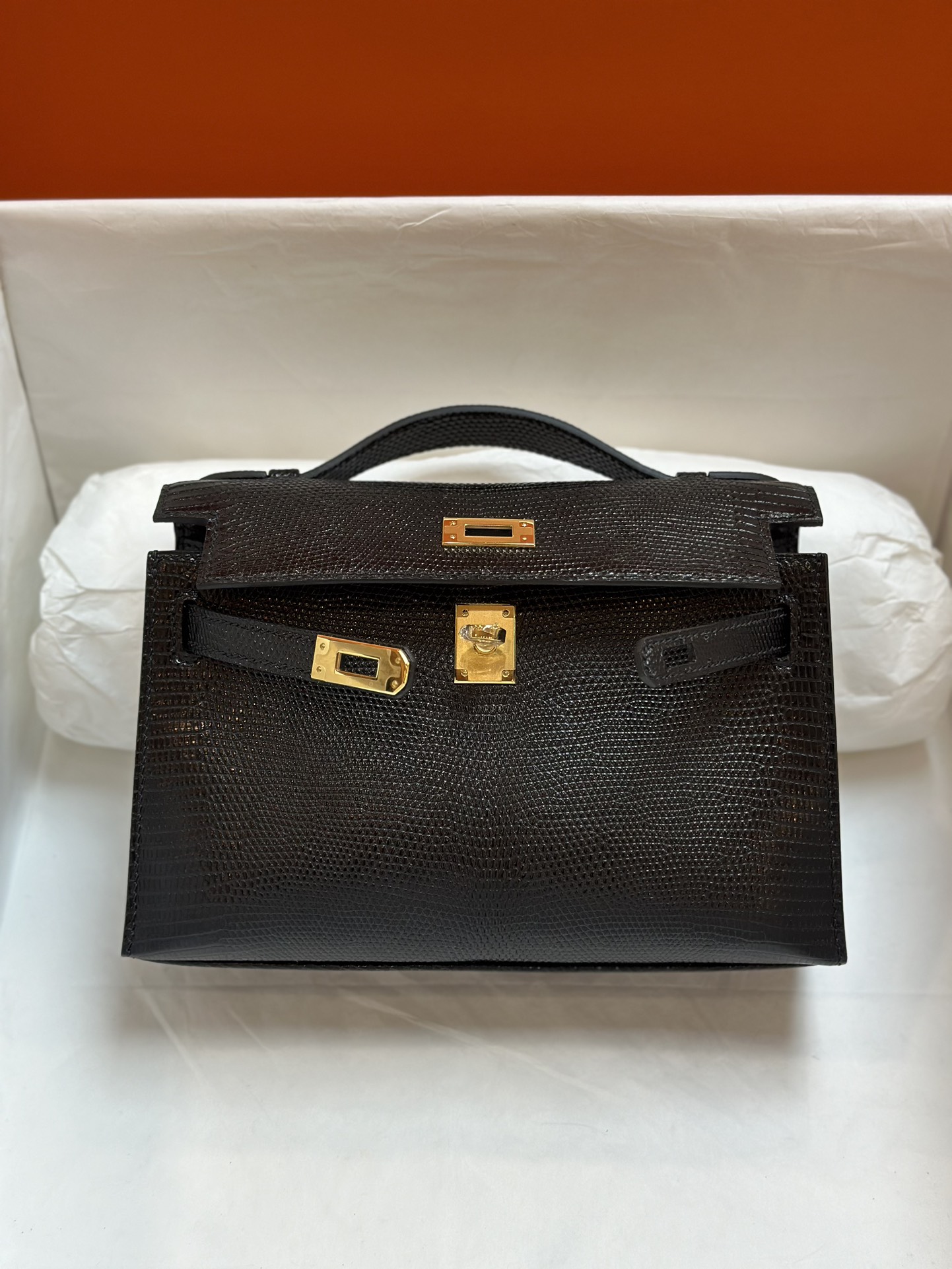 Kelly mini一代22CM.  进口蜥蜴皮  黑色  现货  顶级手缝蜡线 凯莉 迷你 