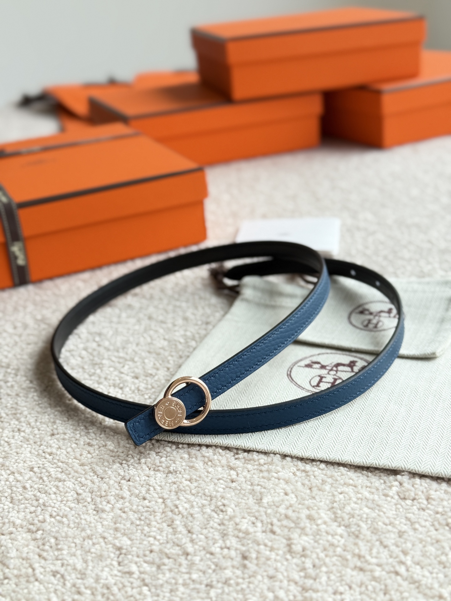 Hermes Women's Togo Leather Belt with Gold Buckle, 13mm Width, Blue