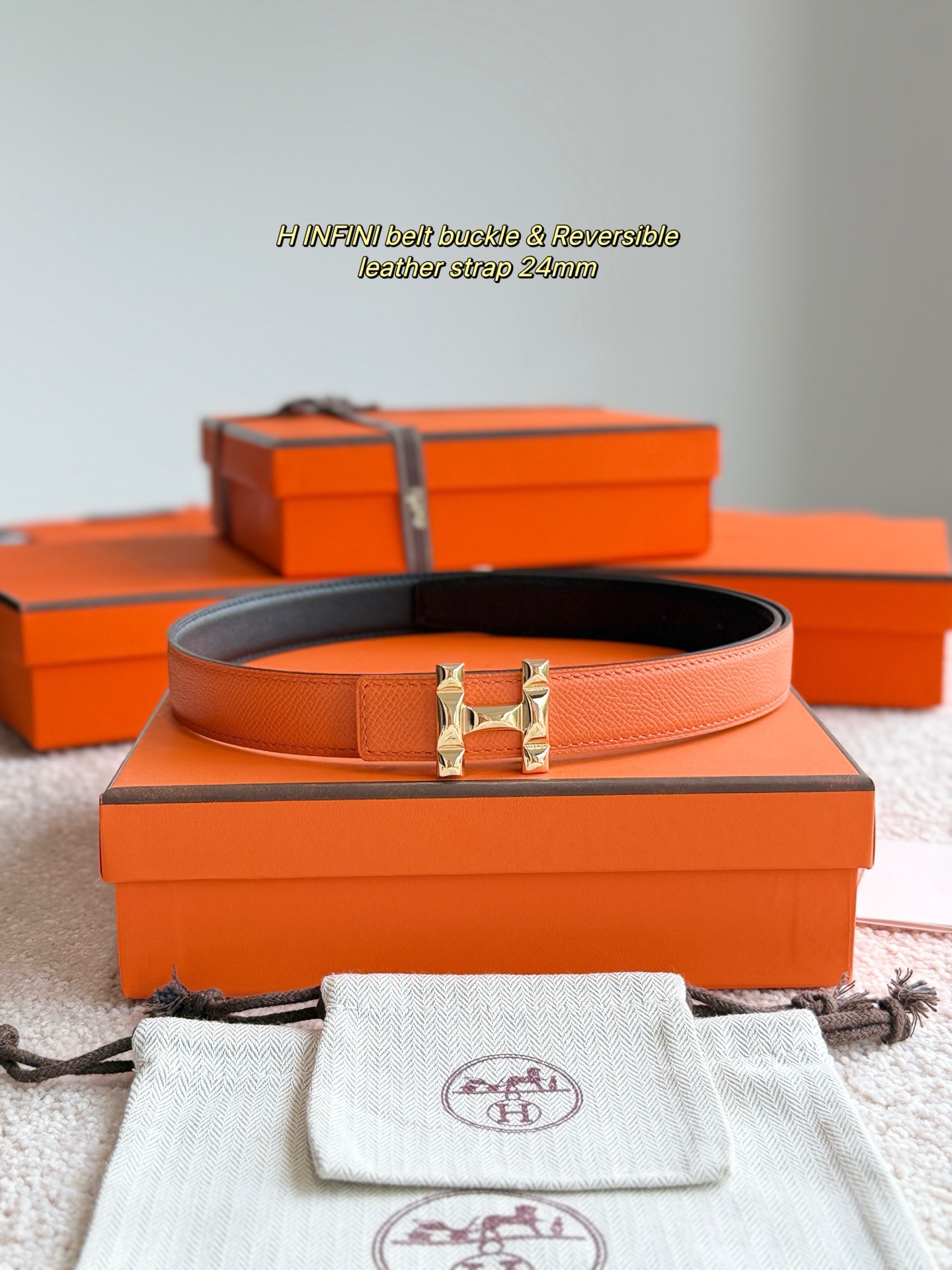 Hermès H Infini Reversible Leather Belt, 24mm - Gold Hardware, Black/Orange 3 i1748664984764 4355 0 0
