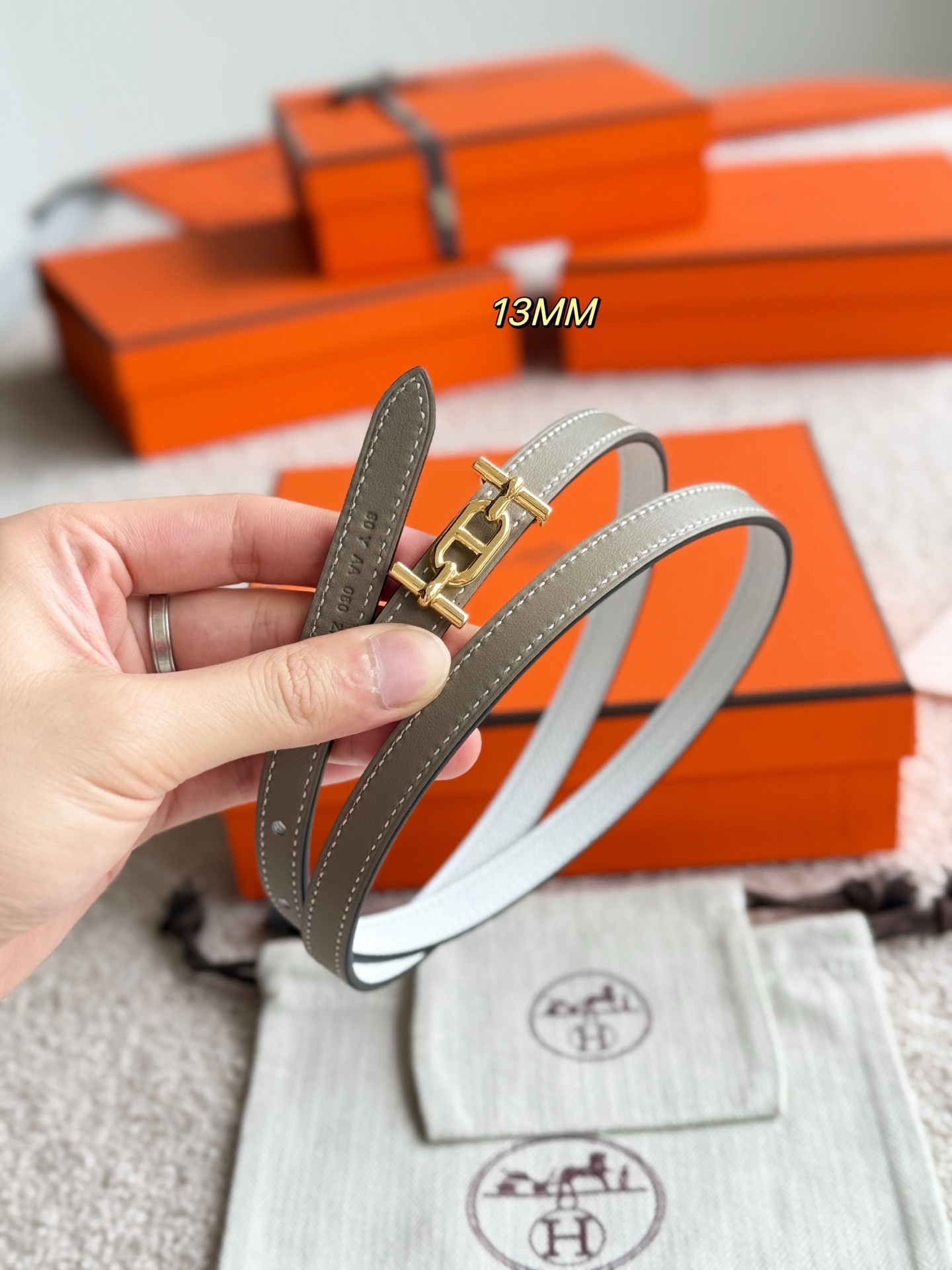 Hermes Ancre 13MM Women's Belt Epsom Leather with Gold Hardware, Gray/White 6 i1749365710345 3054 0 5