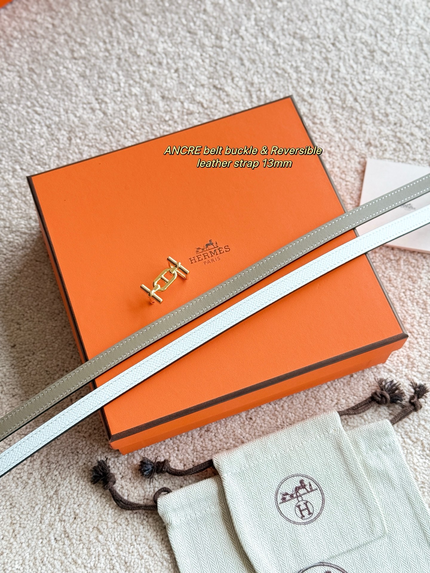 Hermes Ancre 13MM Women's Belt Epsom Leather with Gold Hardware, Gray/White 4 i1749365710366 8647 0 3