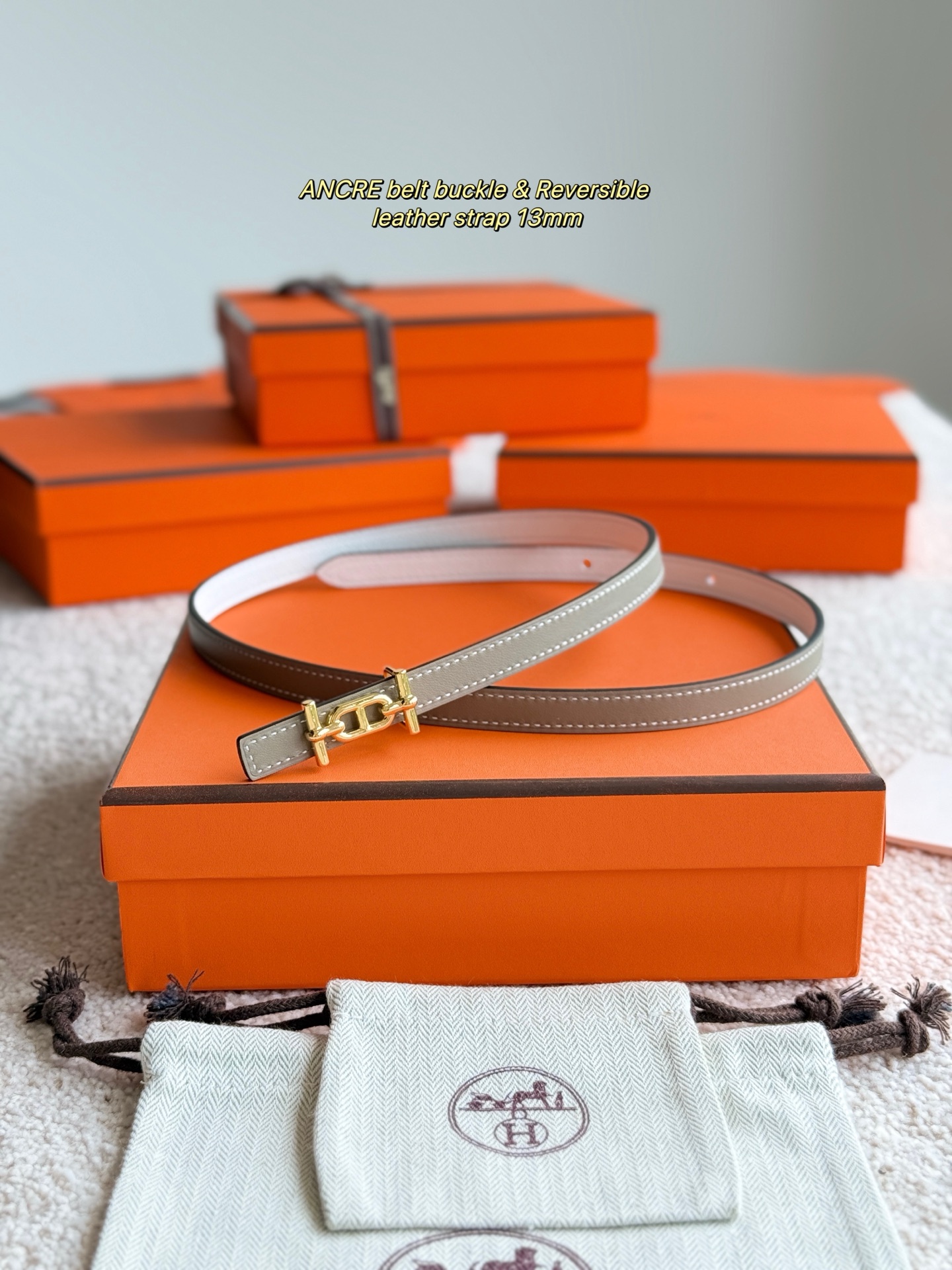 Hermes Ancre 13MM Women's Belt Epsom Leather with Gold Hardware, Gray/White 2 i1749365710378 9330 0 1