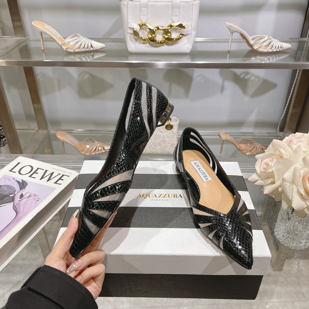 Aquazzura The Spy Flat: Elegant Chubby Black Lizard-Skinned Leather Shoes with Metal-Plating Heel - 图片 2