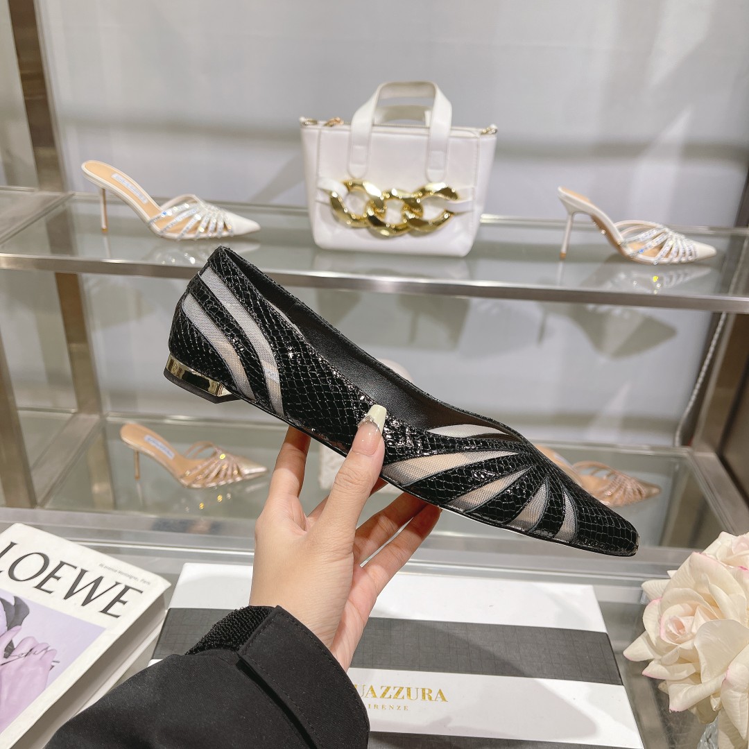 Aquazzura The Spy Flat: Elegant Chubby Black Lizard-Skinned Leather Shoes with Metal-Plating Heel - 图片 5