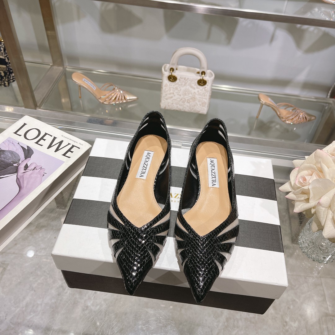Aquazzura The Spy Flat: Elegant Chubby Black Lizard-Skinned Leather Shoes with Metal-Plating Heel - 图片 1