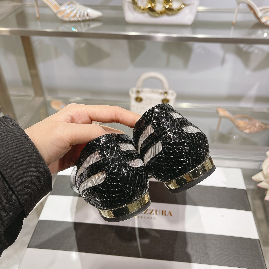 Aquazzura The Spy Flat: Elegant Chubby Black Lizard-Skinned Leather Shoes with Metal-Plating Heel - 图片 9