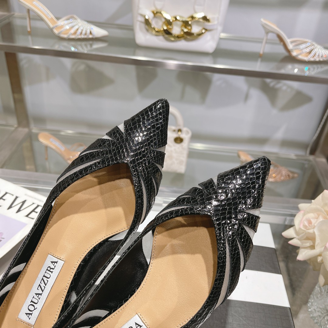 Aquazzura The Spy Flat: Elegant Chubby Black Lizard-Skinned Leather Shoes with Metal-Plating Heel - 图片 8