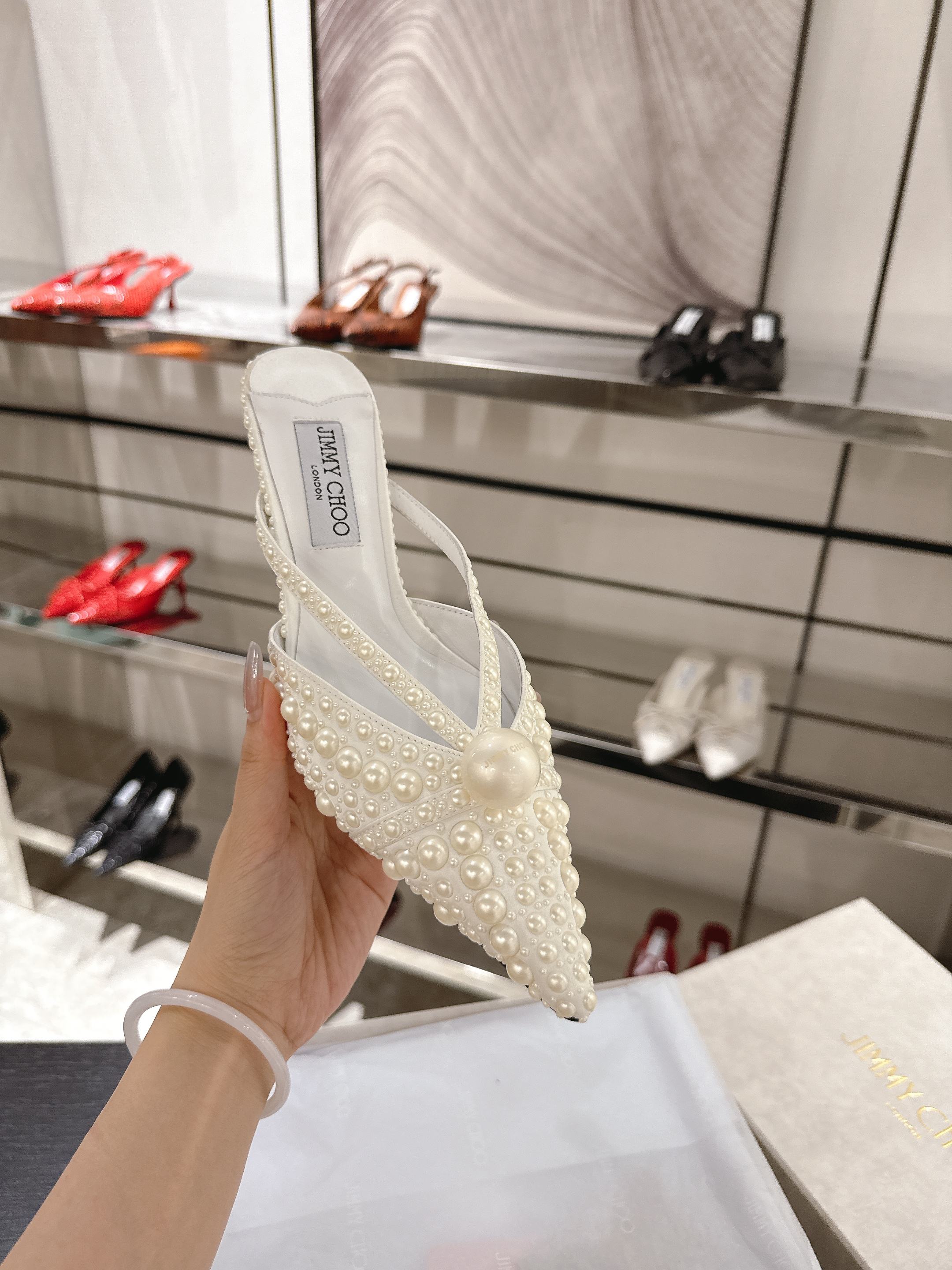 “Scarlett 50 Series Heels: Handcrafted Leather Straps, Pearl Decorations, Classic Style Upgrade”