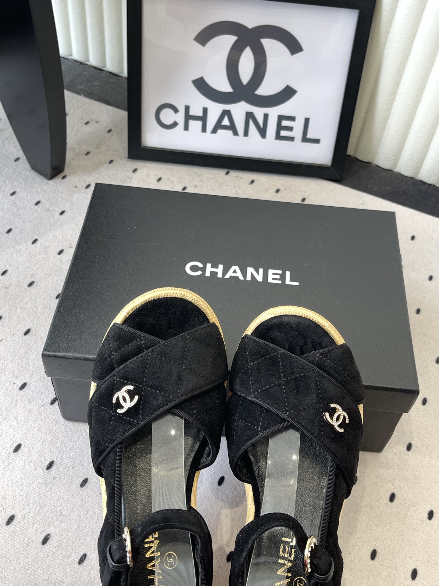 CHANEL Black Raffia Wedge Sandals