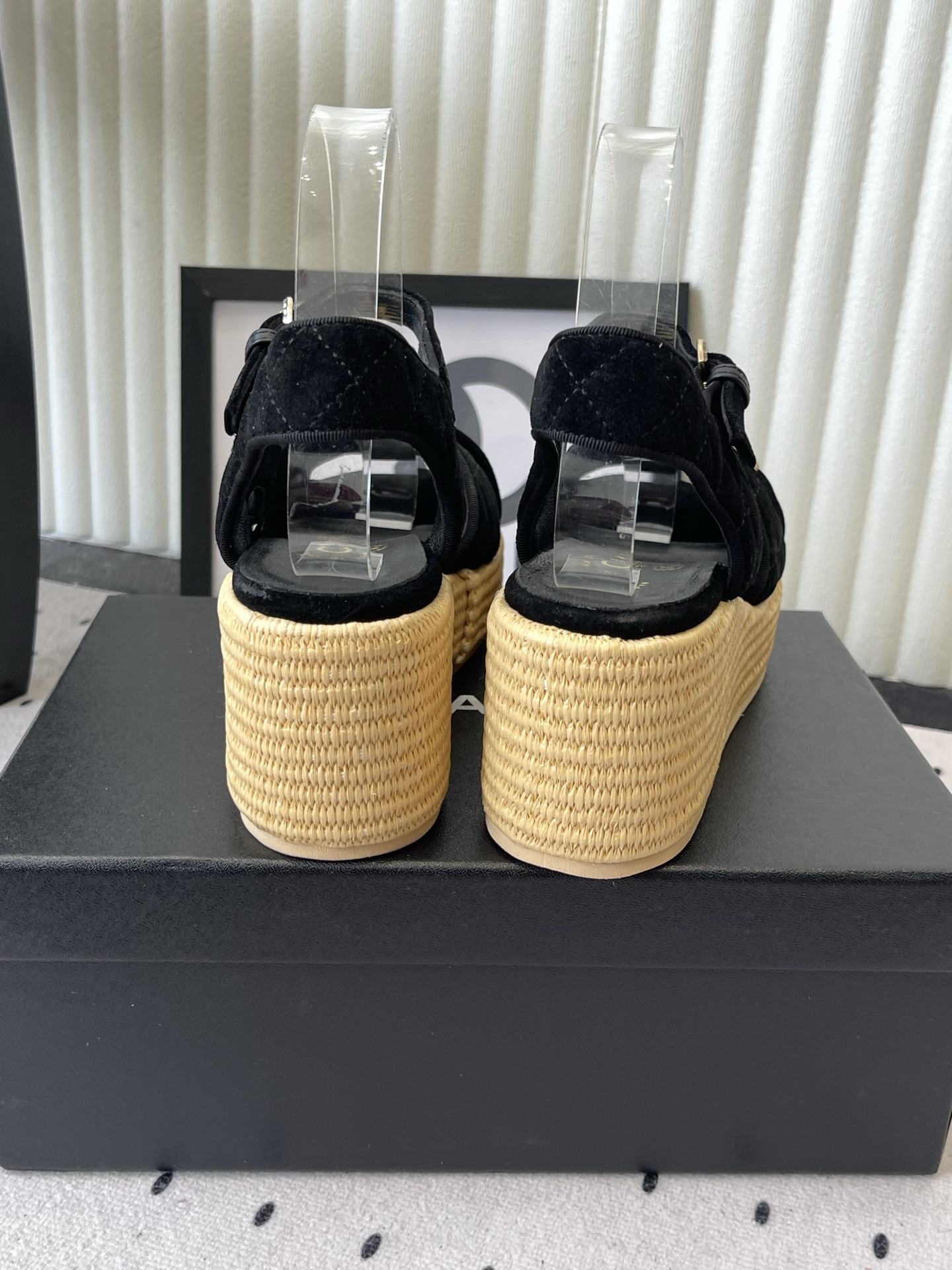 CHANEL Black Raffia Wedge Sandals