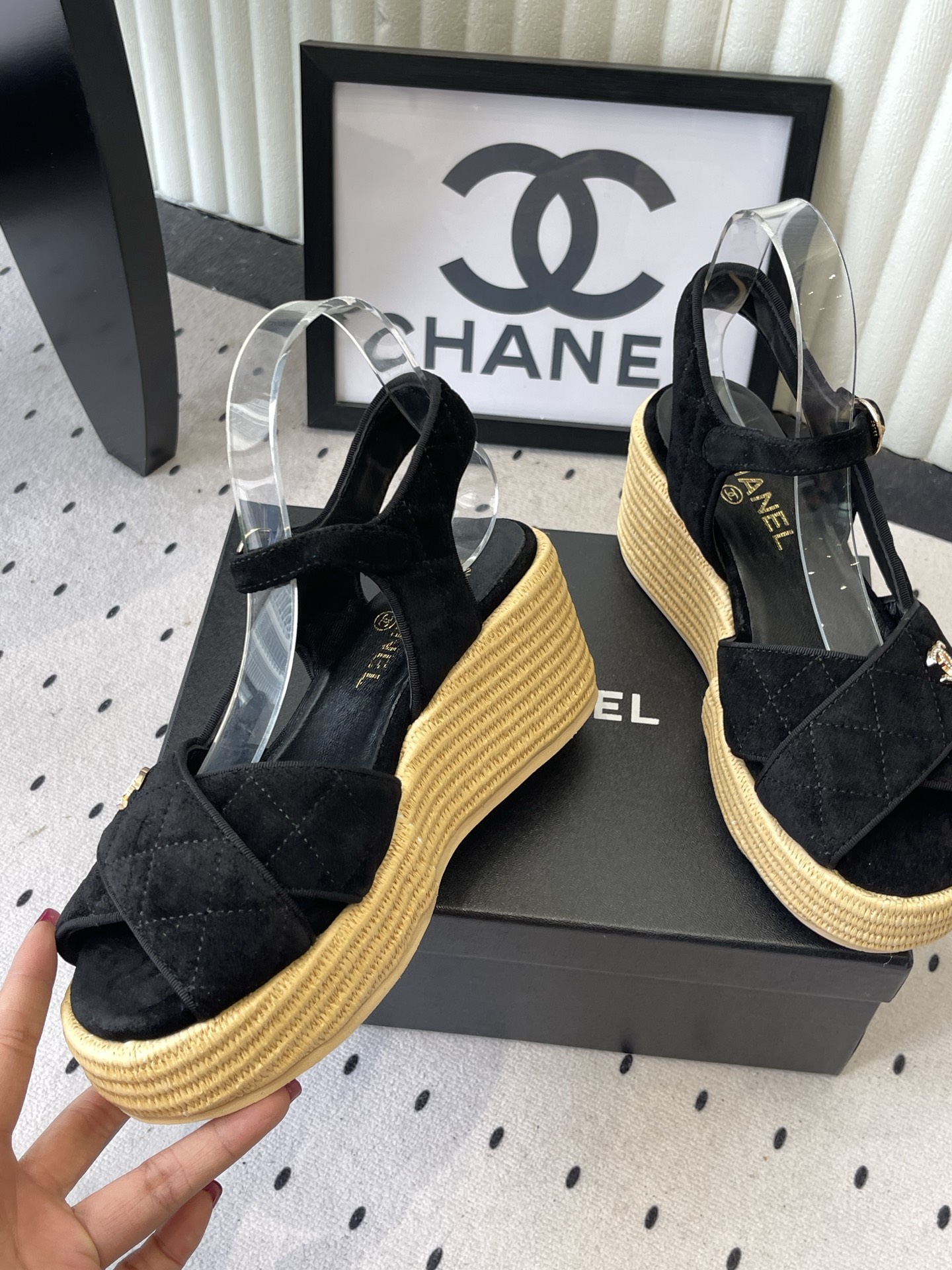 CHANEL Black Raffia Wedge Sandals
