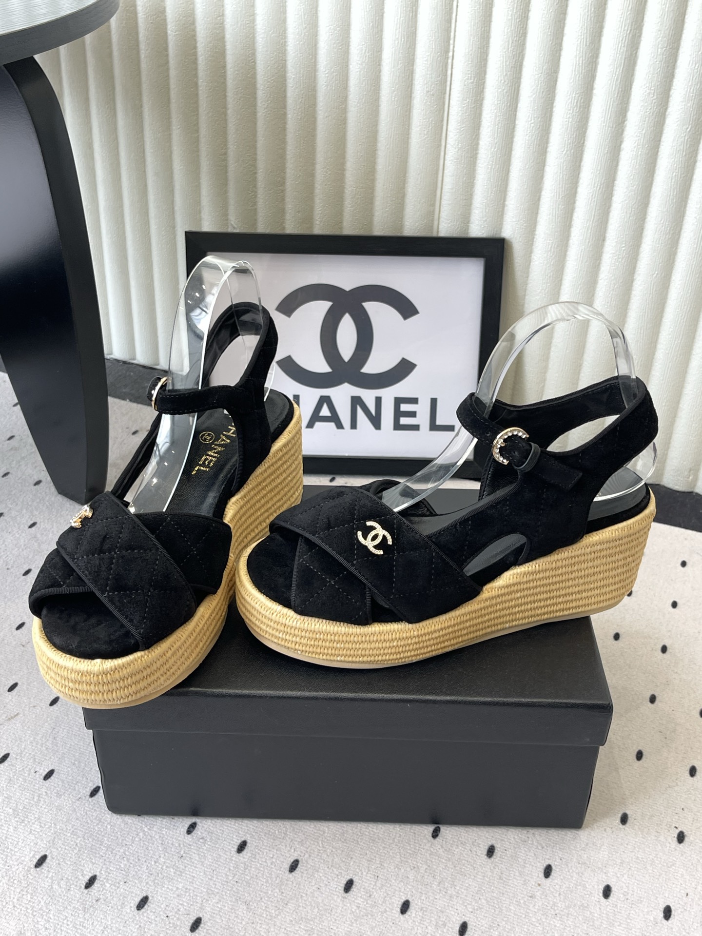 CHANEL Black Raffia Wedge Sandals