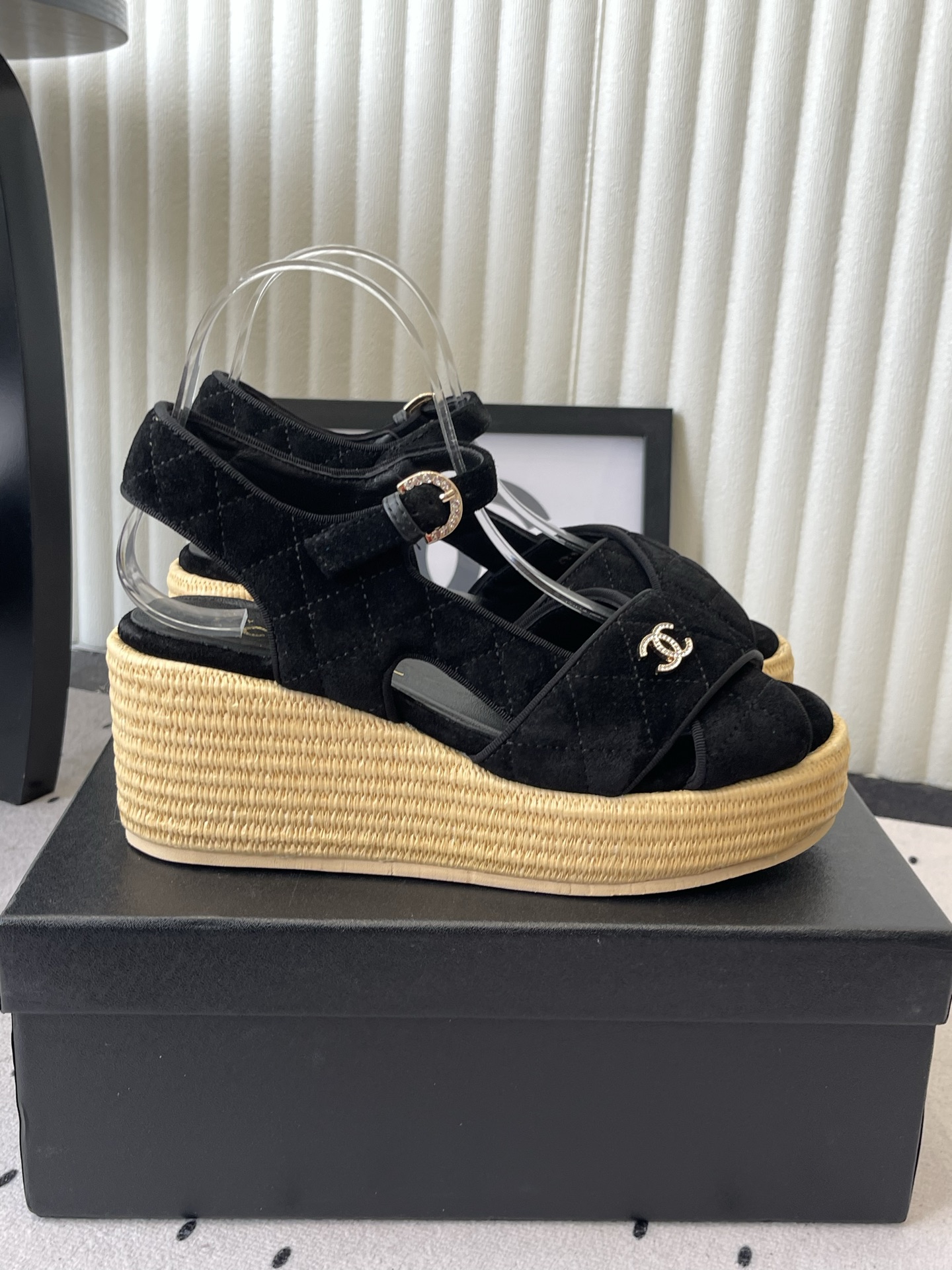 CHANEL Black Raffia Wedge Sandals