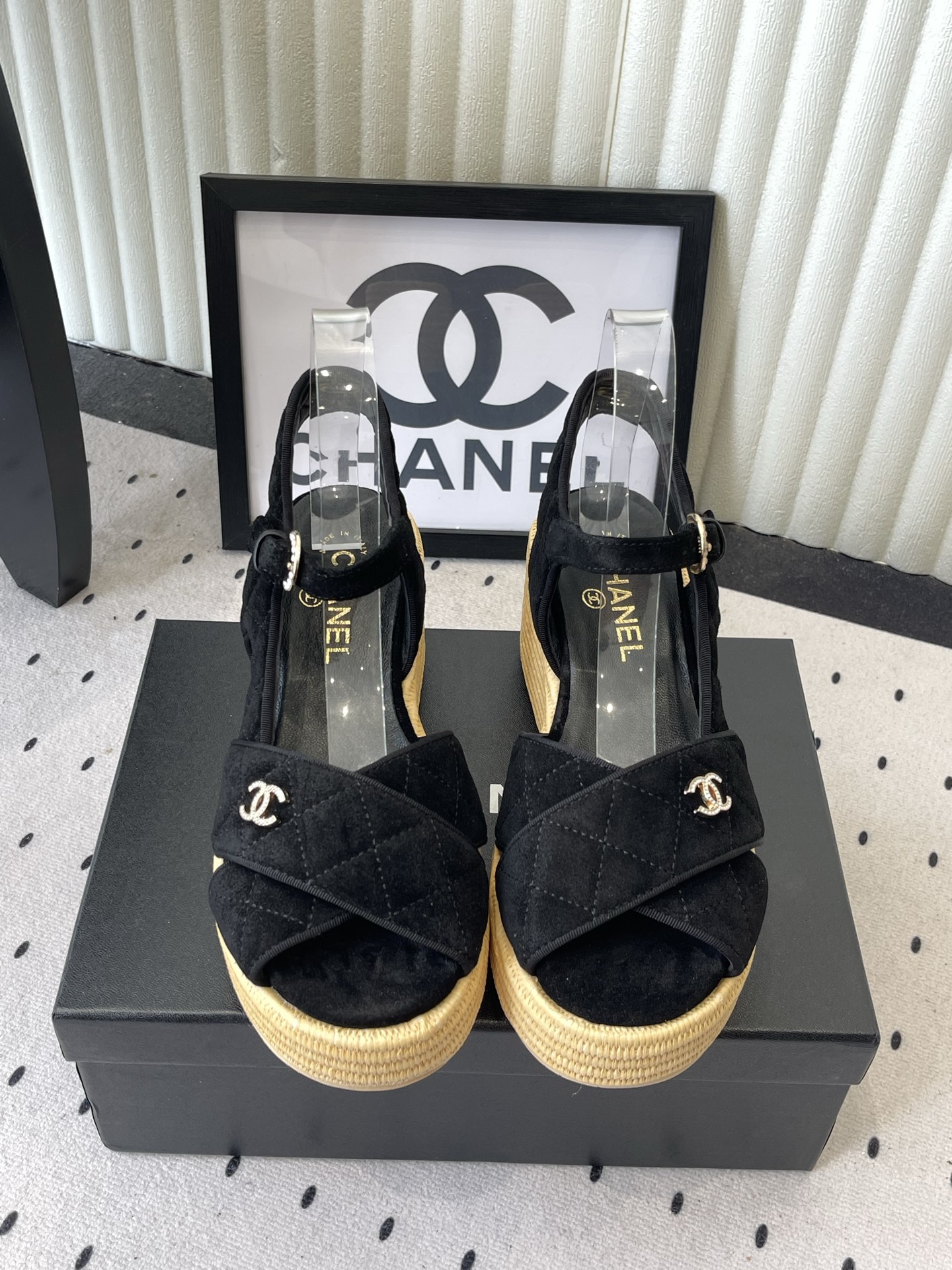 CHANEL Black Raffia Wedge Sandals