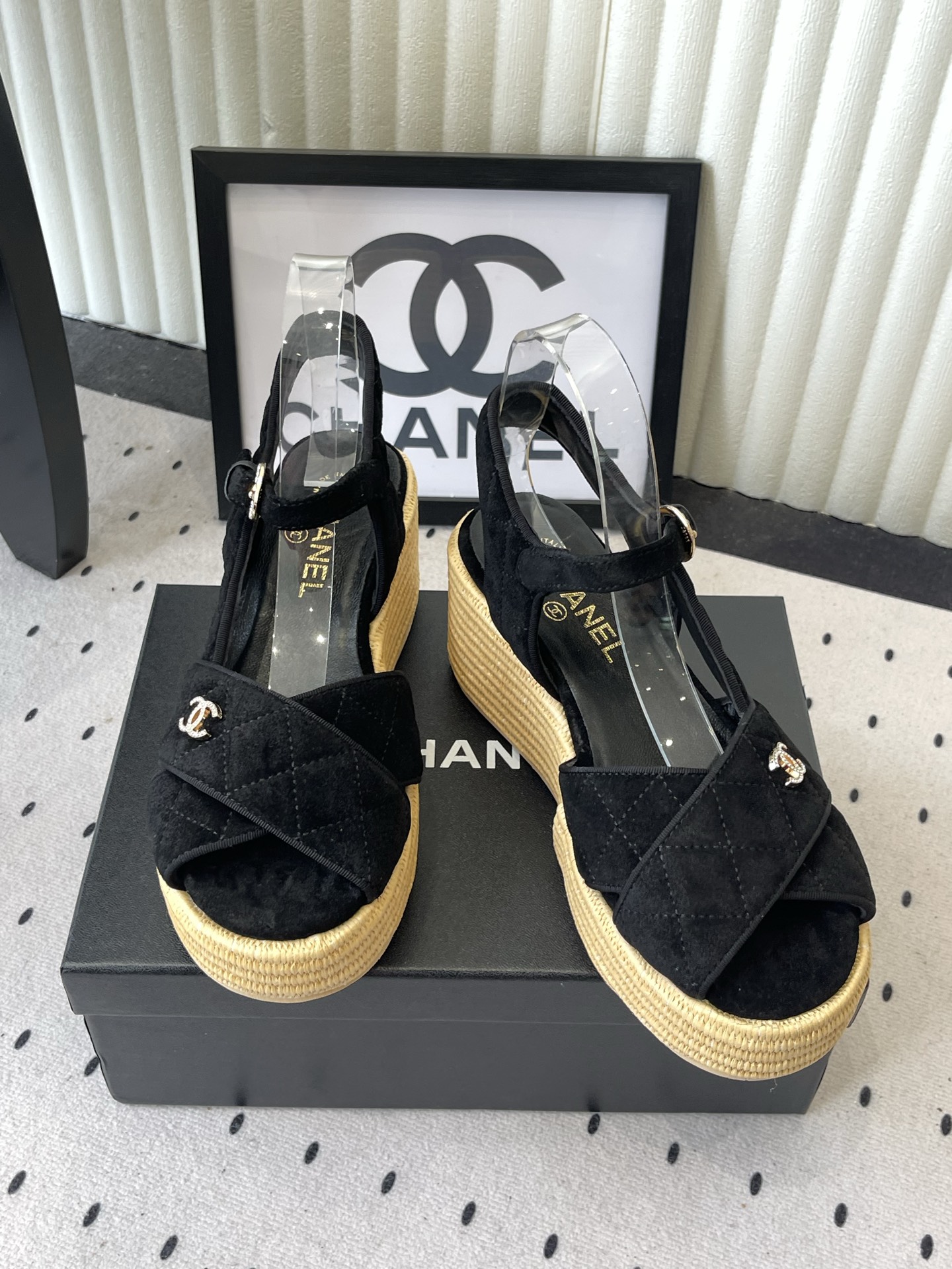CHANEL Black Raffia Wedge Sandals