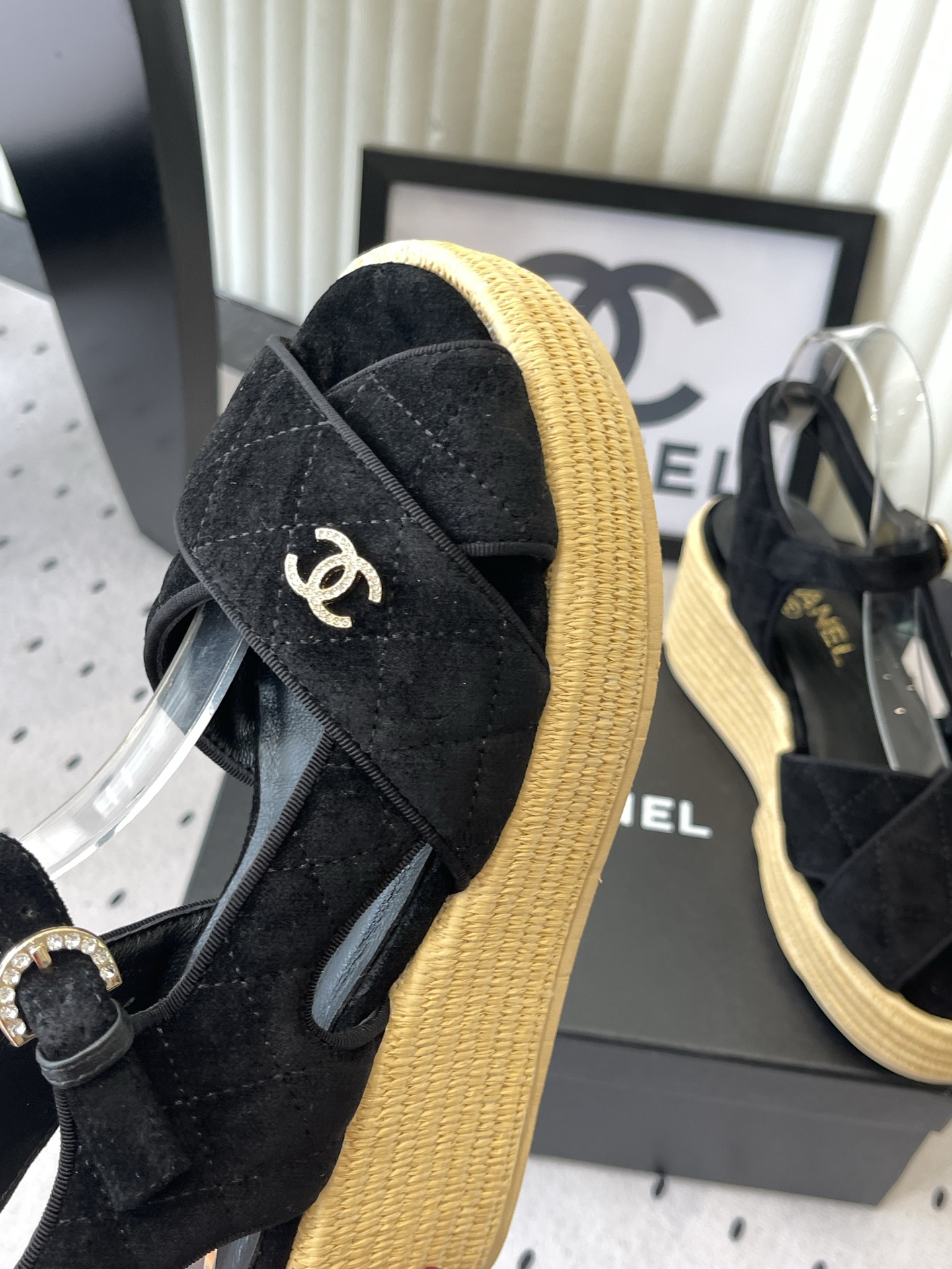 CHANEL Black Raffia Wedge Sandals