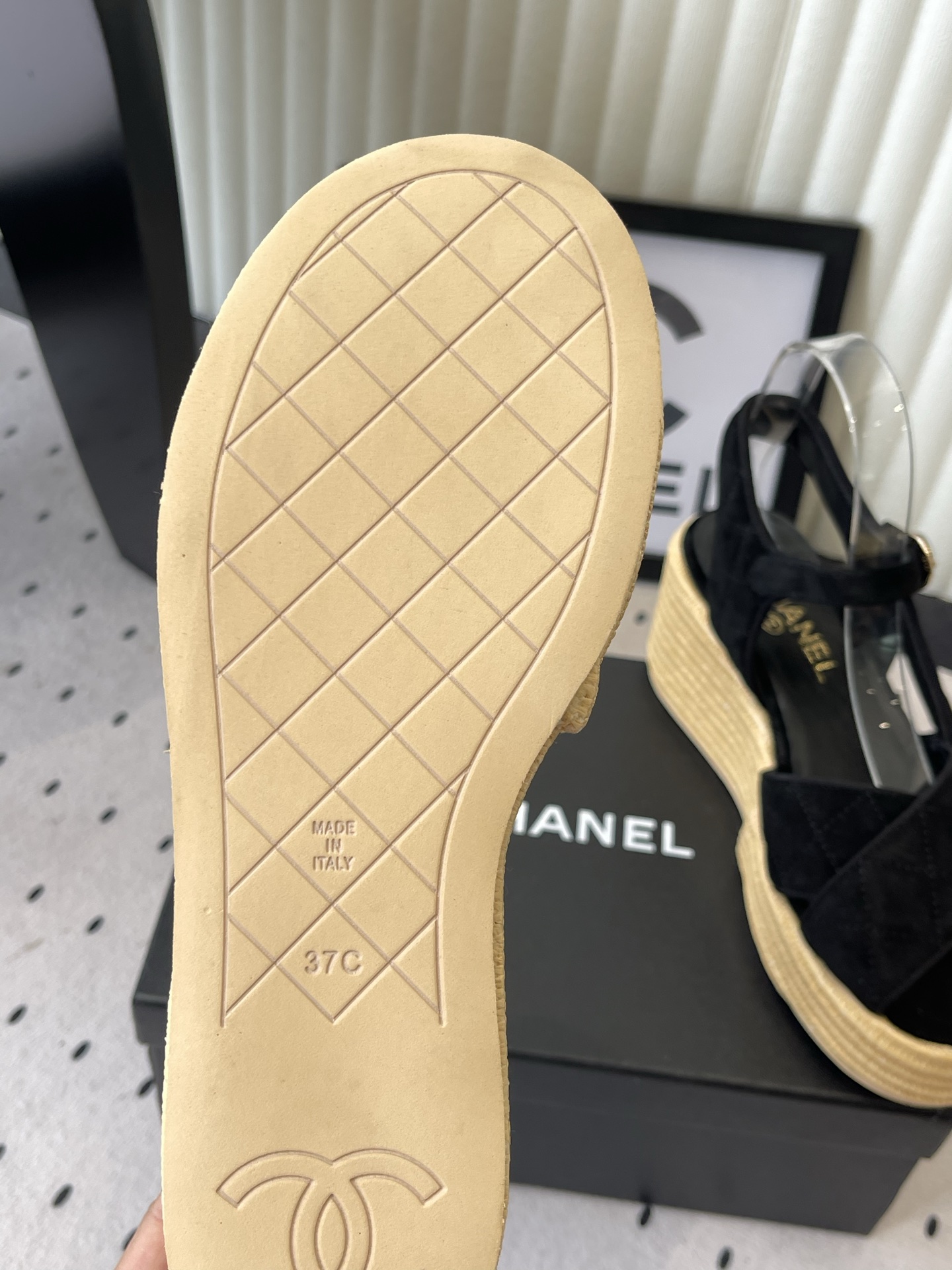 CHANEL Black Raffia Wedge Sandals