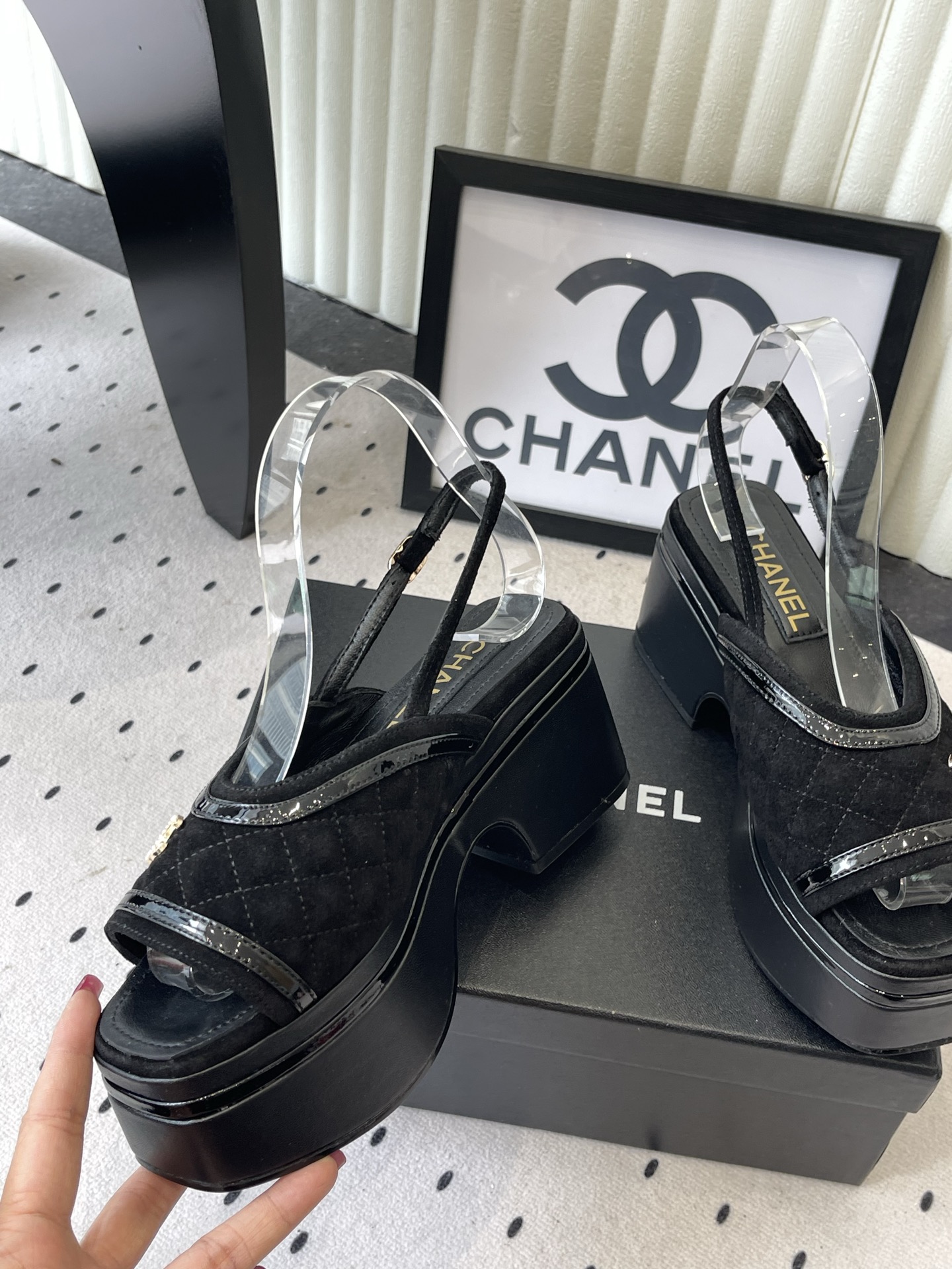 CHANEL Black Platform Slingback Sandals