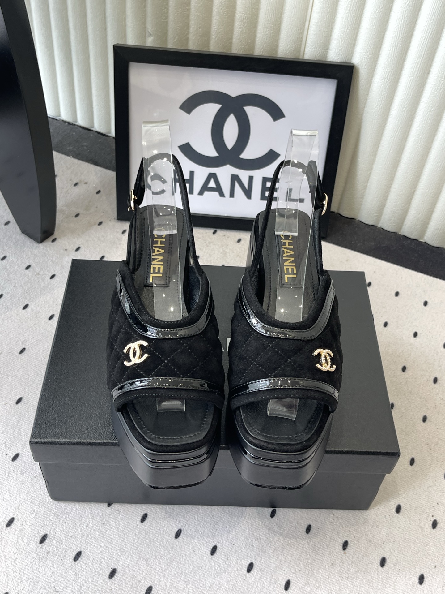 CHANEL Black Platform Slingback Sandals