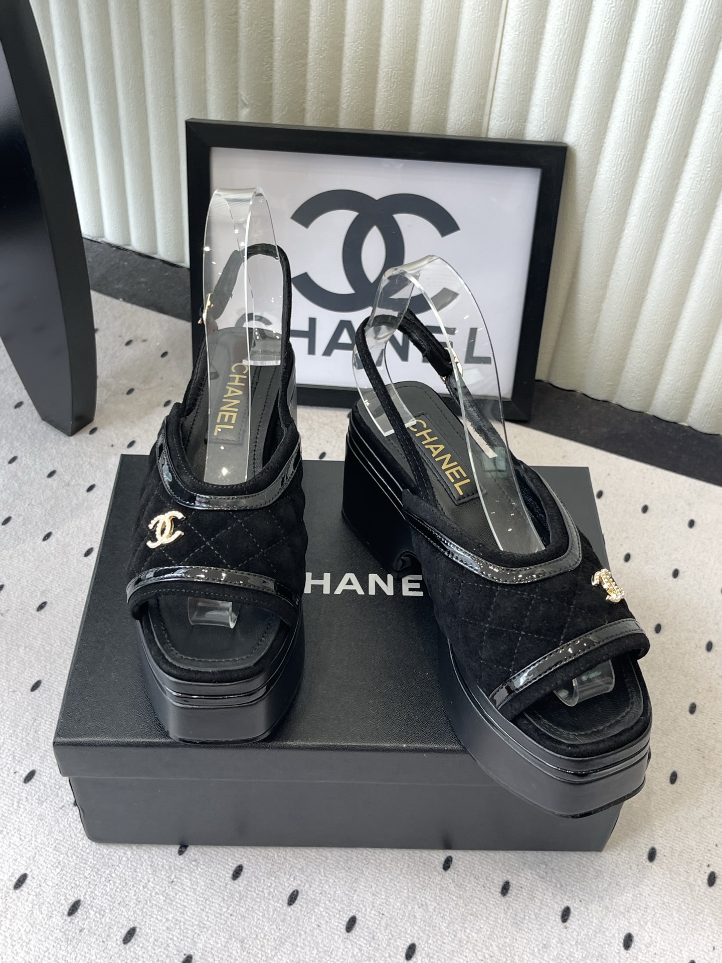 CHANEL Black Platform Slingback Sandals