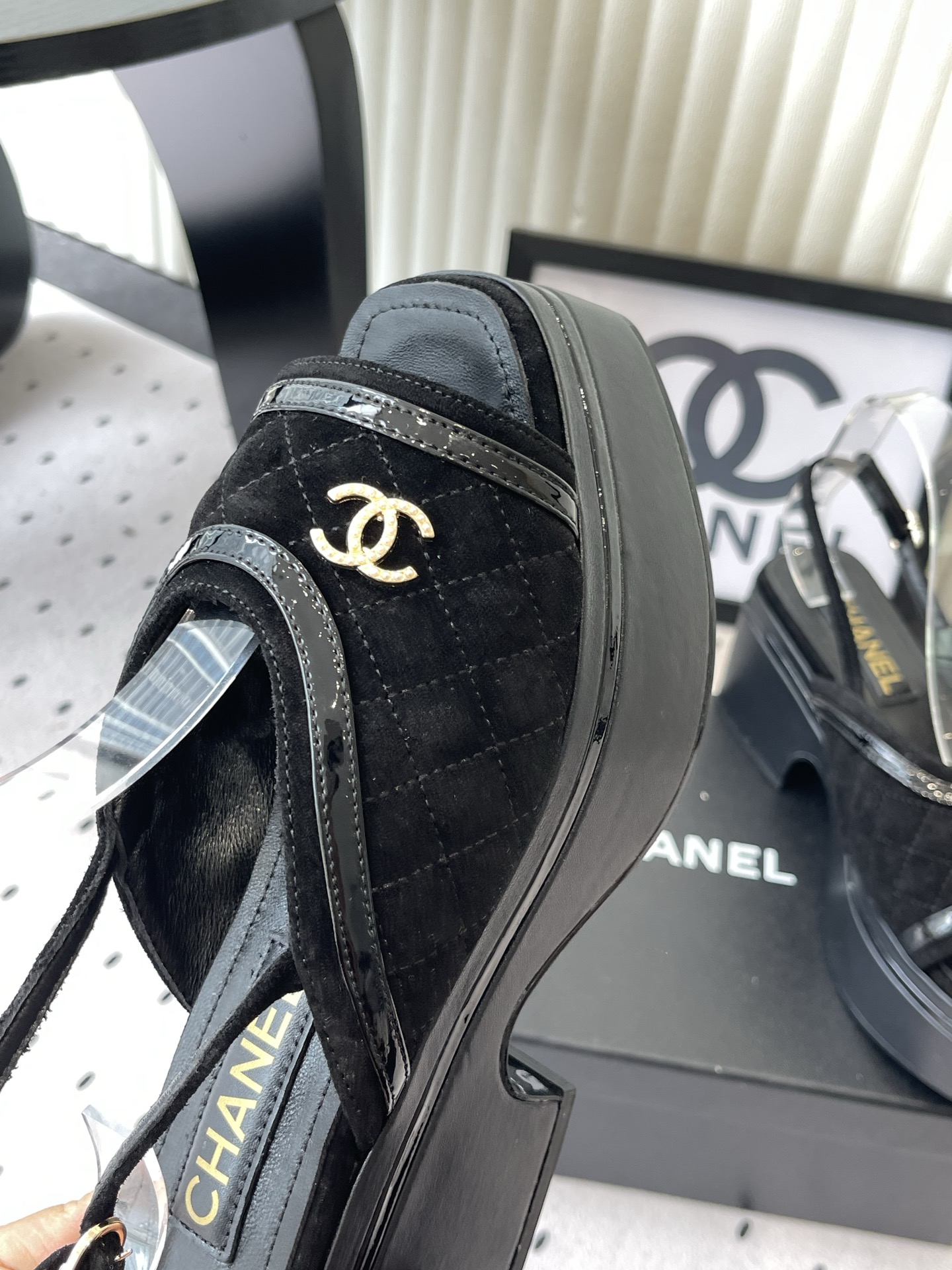 CHANEL Black Platform Slingback Sandals