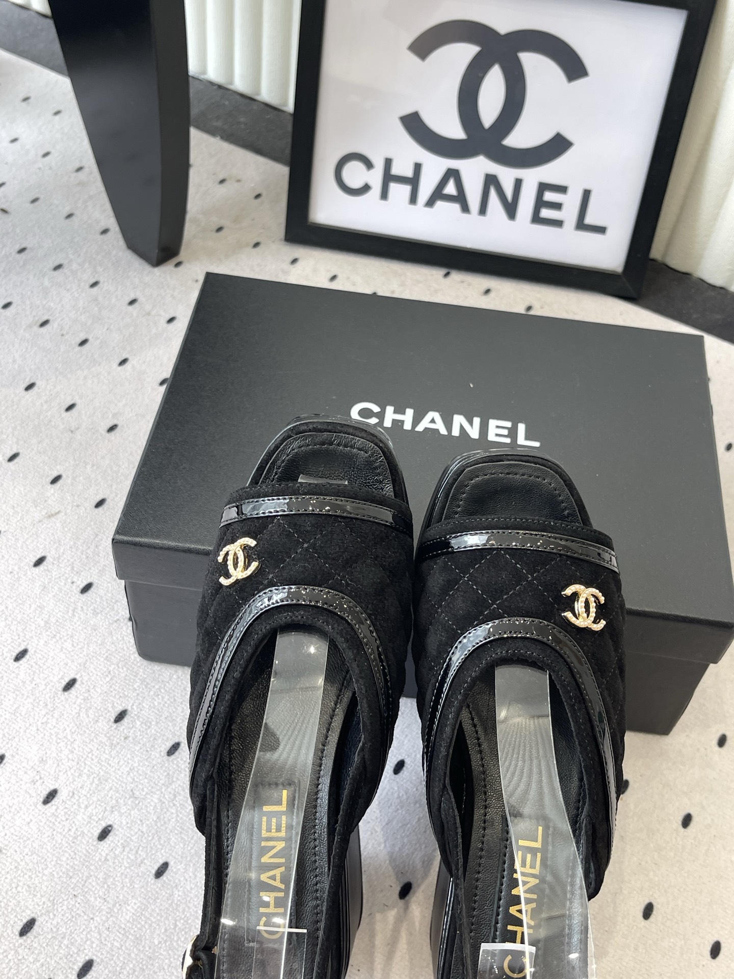 CHANEL Black Platform Slingback Sandals