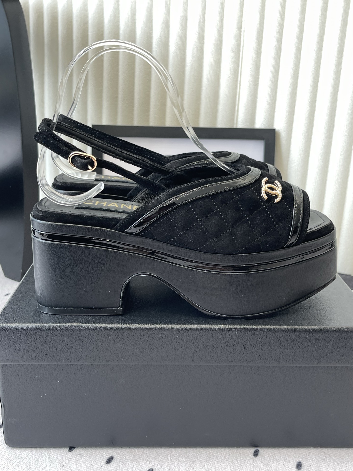 CHANEL Black Platform Slingback Sandals