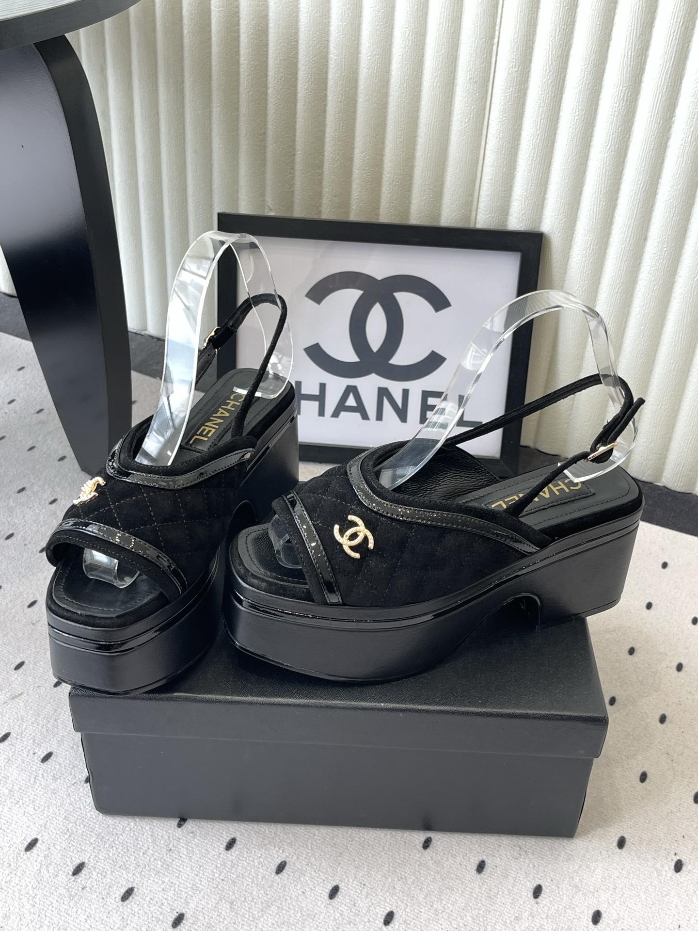 CHANEL Black Platform Slingback Sandals