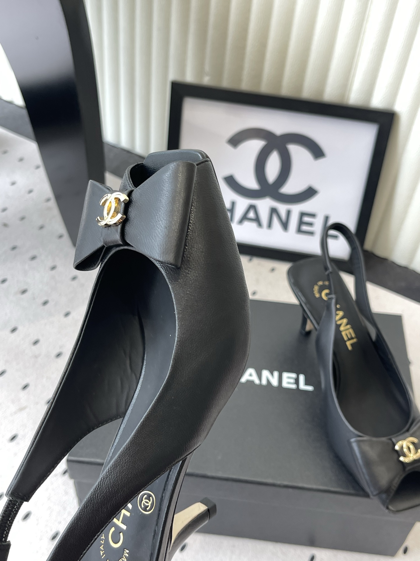 chanel black mesh slingback pumps