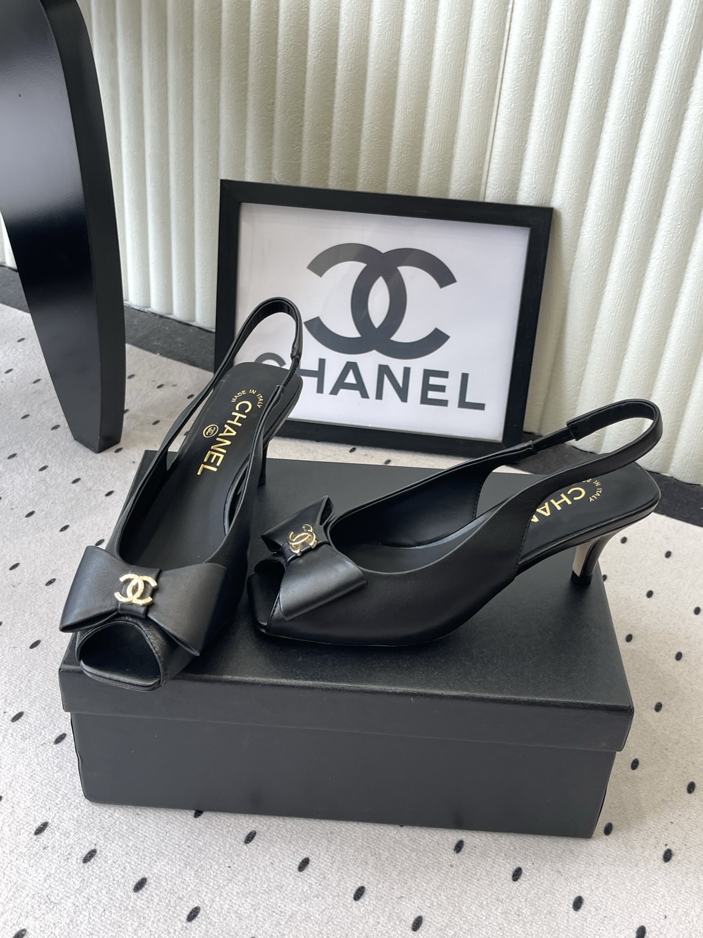 chanel black mesh slingback pumps