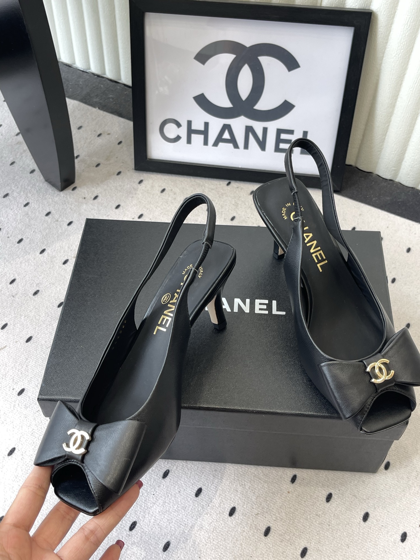 chanel black mesh slingback pumps