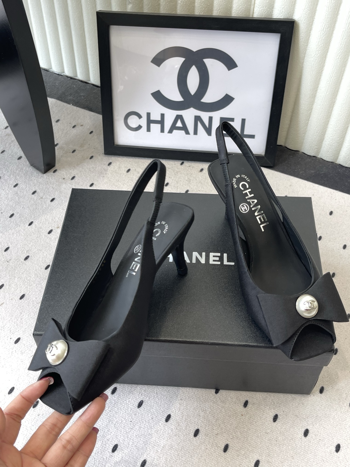 chanel black button slingback pumps