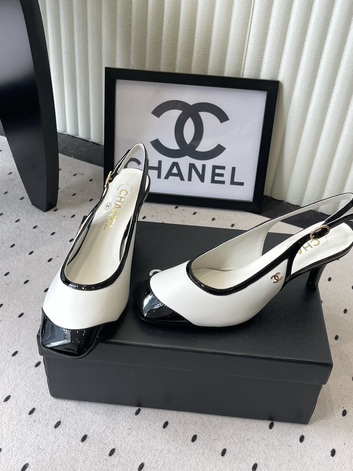 chanel white black button slingback pumps