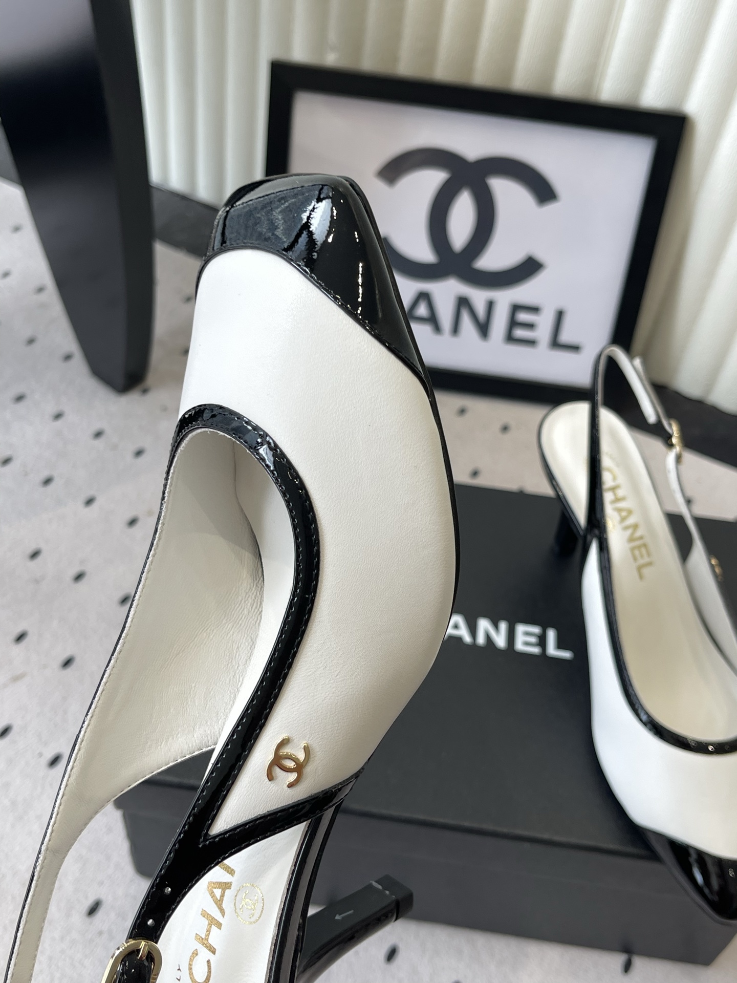 chanel white black button slingback pumps
