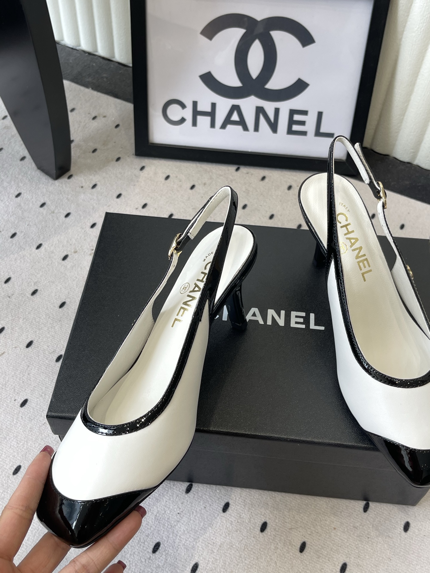 chanel white black button slingback pumps