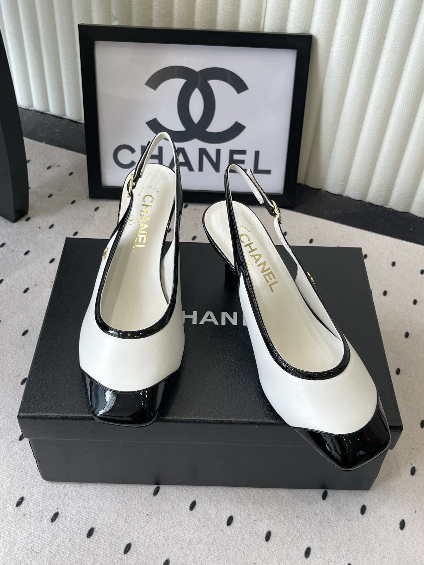 chanel white black button slingback pumps