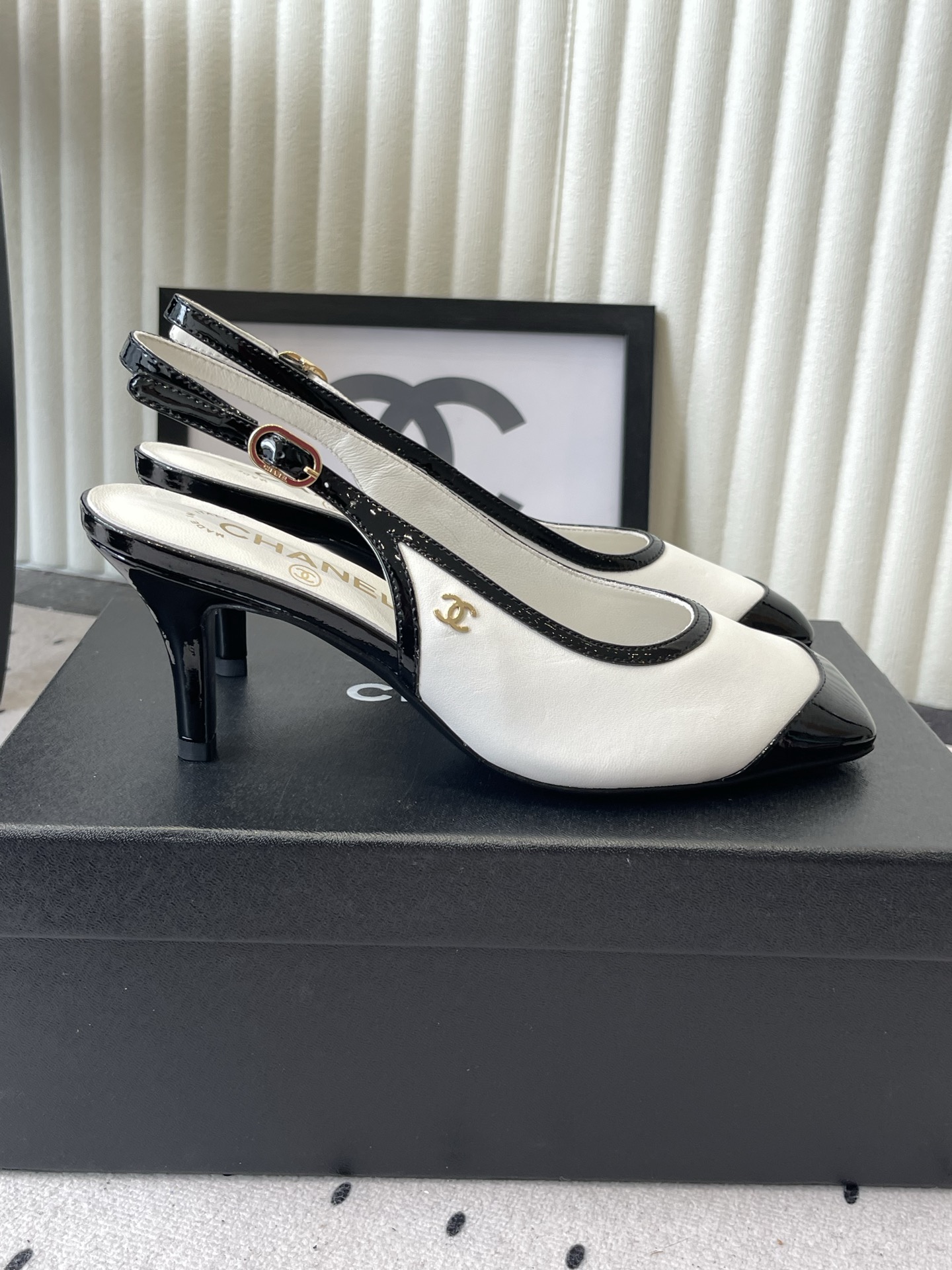 chanel white black button slingback pumps