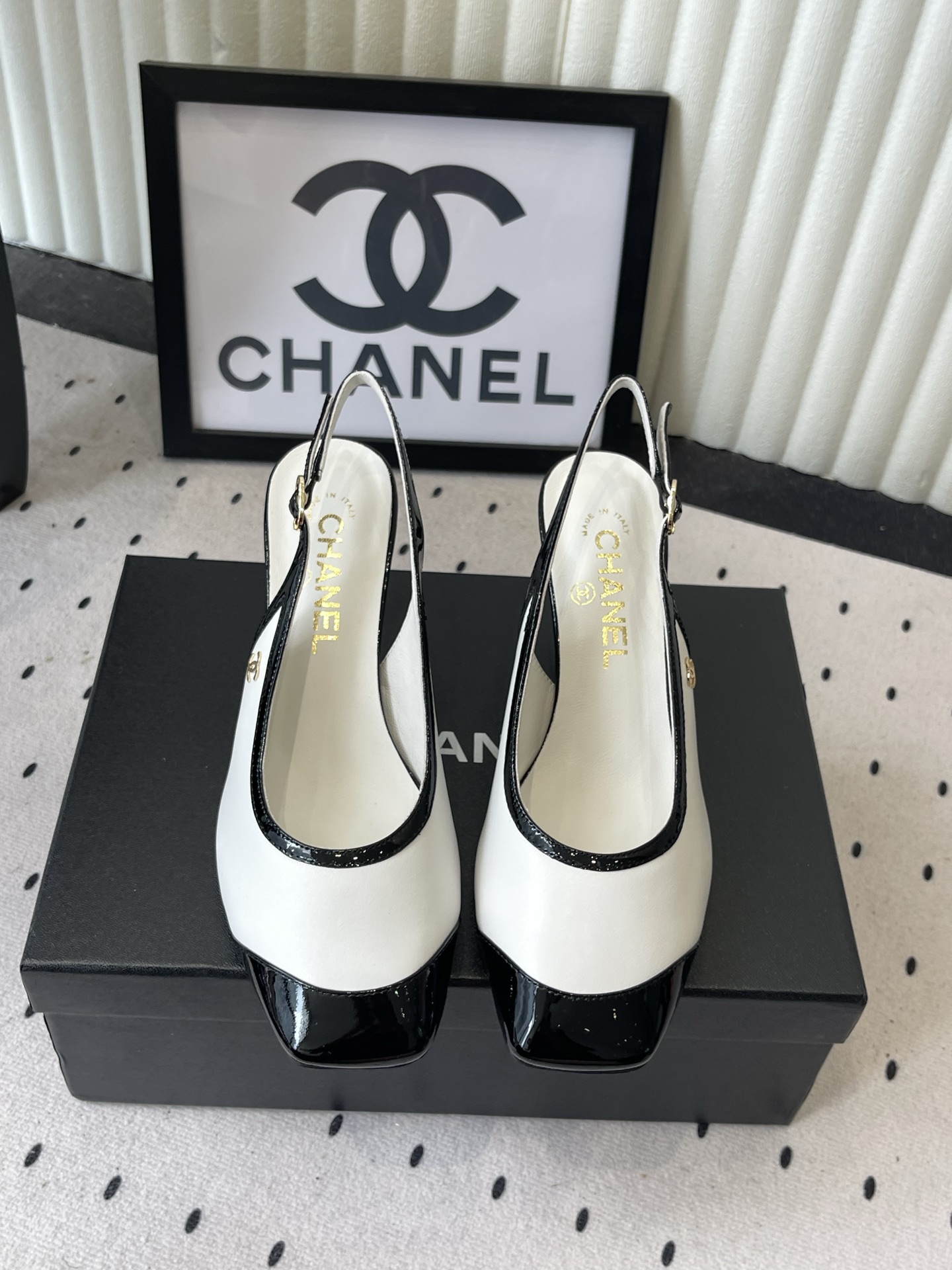 chanel white black button slingback pumps
