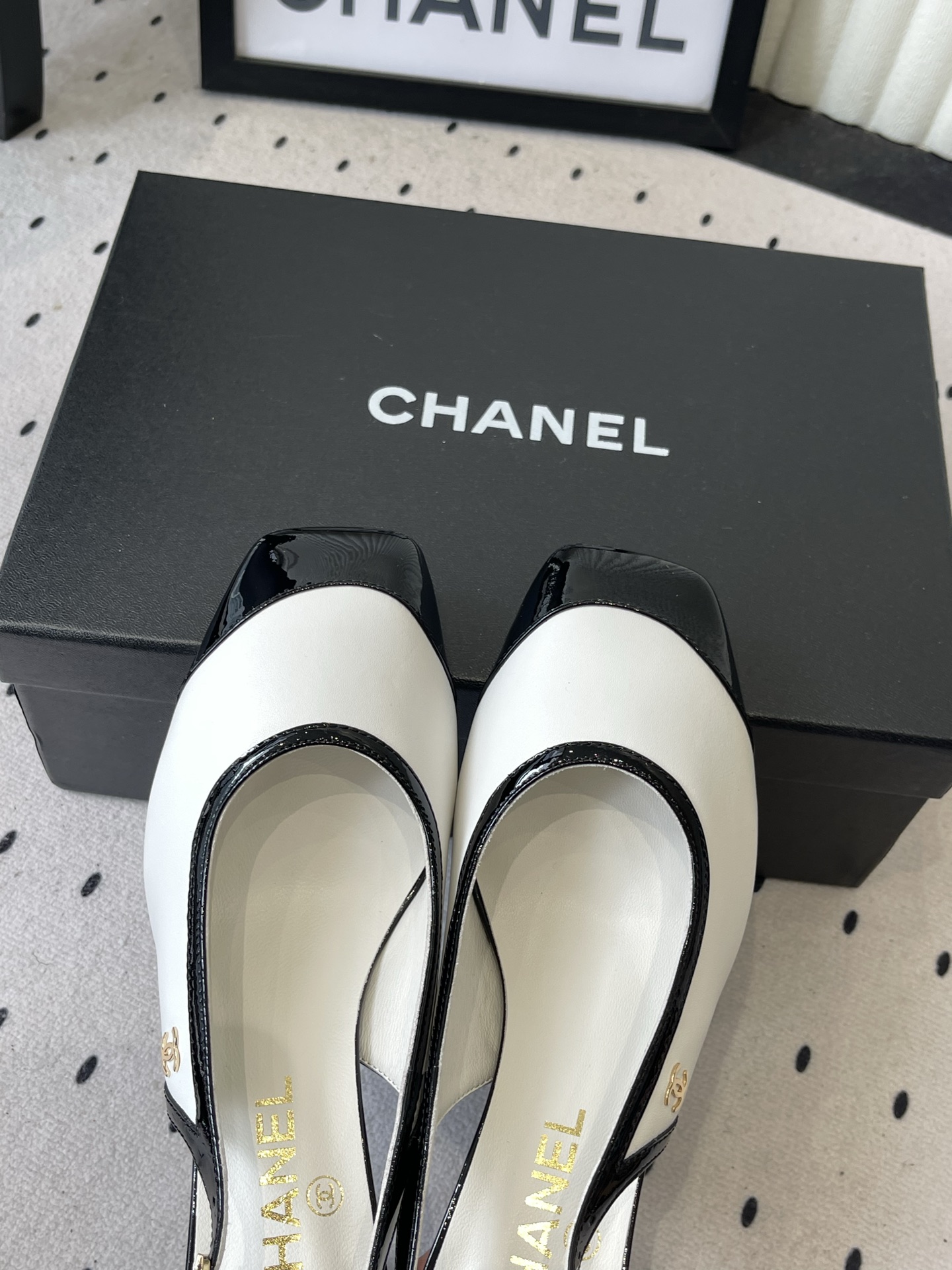 chanel white black button slingback pumps