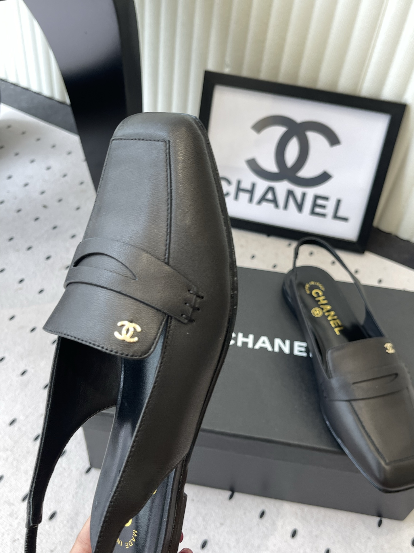 chanel gray square toe slingback pumps