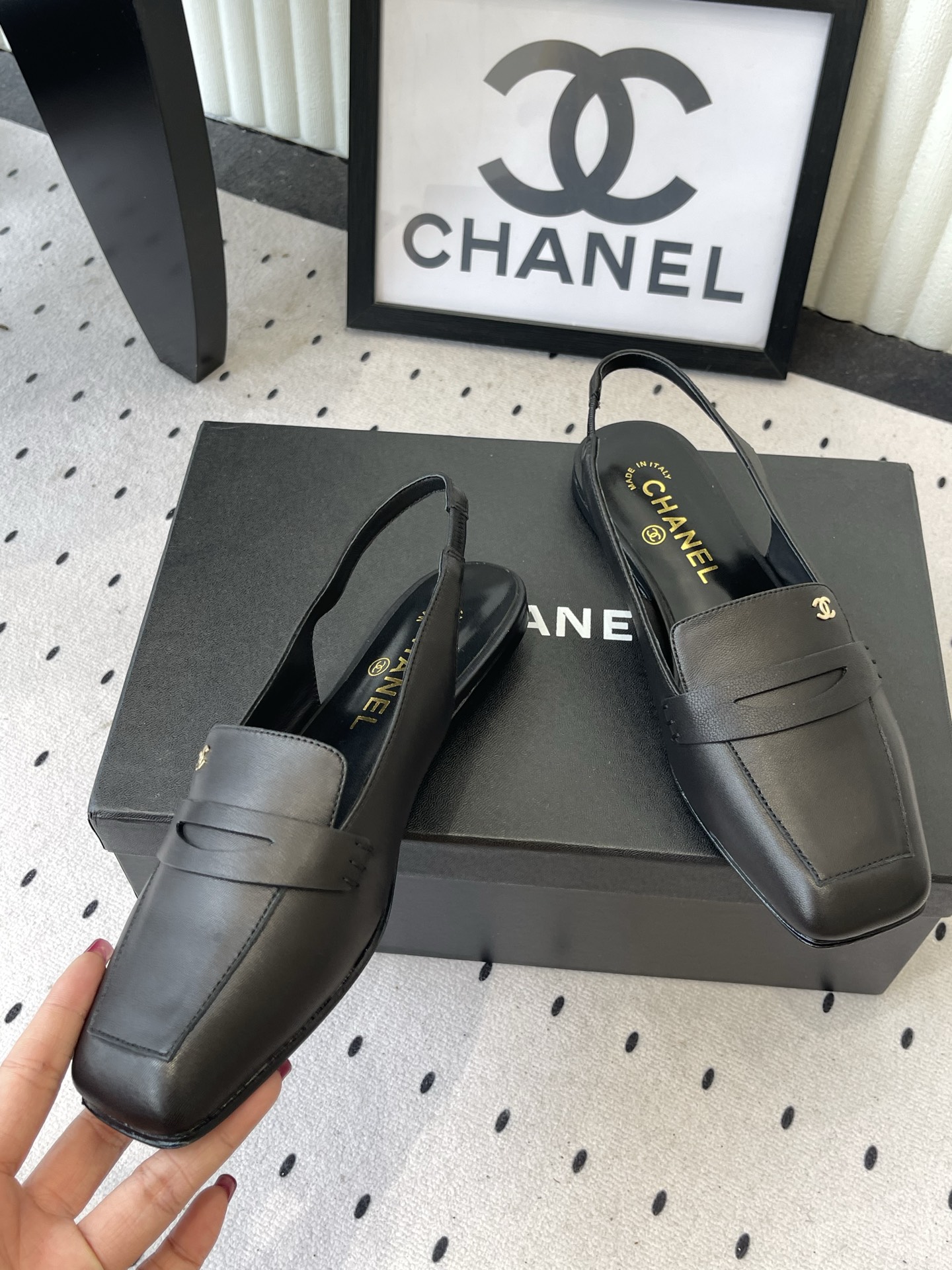 chanel gray square toe slingback pumps