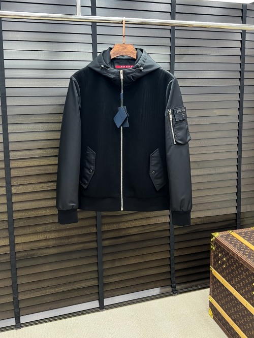 Prada Men's Black Knit & Nylon Hooded Jacket - Modern & Comfortable 1 Prada Men's Black Knit & Nylon Hooded Jacket - Modern & Comfortable