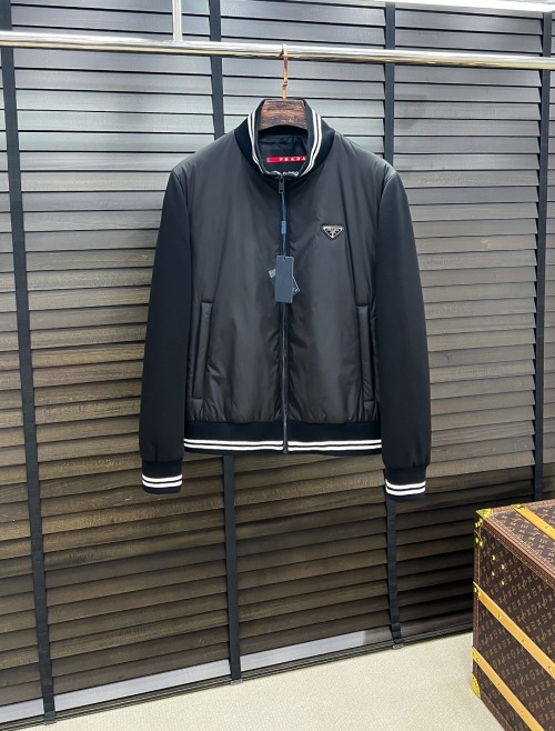 Prada Men's Black Air Layer Wool Blend Jacket with Ribbed Trim 1 Prada Men's Black Air Layer Wool Blend Jacket with Ribbed Trim