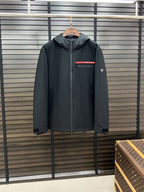 Prada Men's Fall/Winter Red Stripe Hooded Jacket - Light & Stylish 1 Prada Men's Fall/Winter Red Stripe Hooded Jacket - Light & Stylish