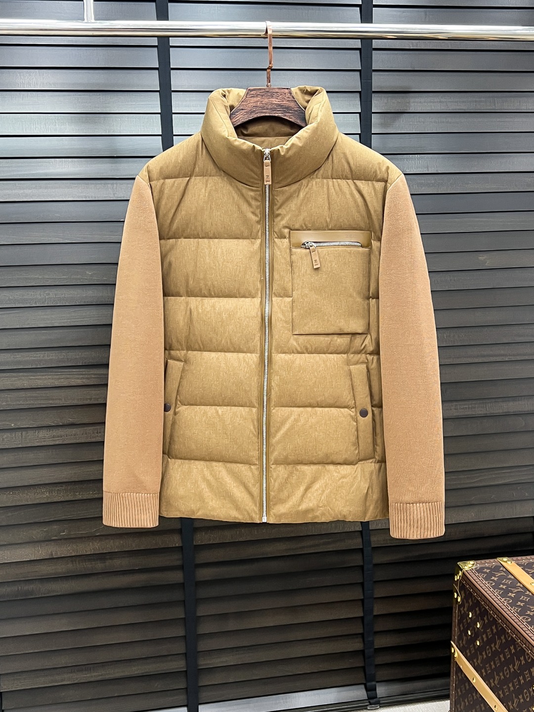 Zegna Men's Beige Down Jacket with Knit Sleeves - Lightweight & Stylish