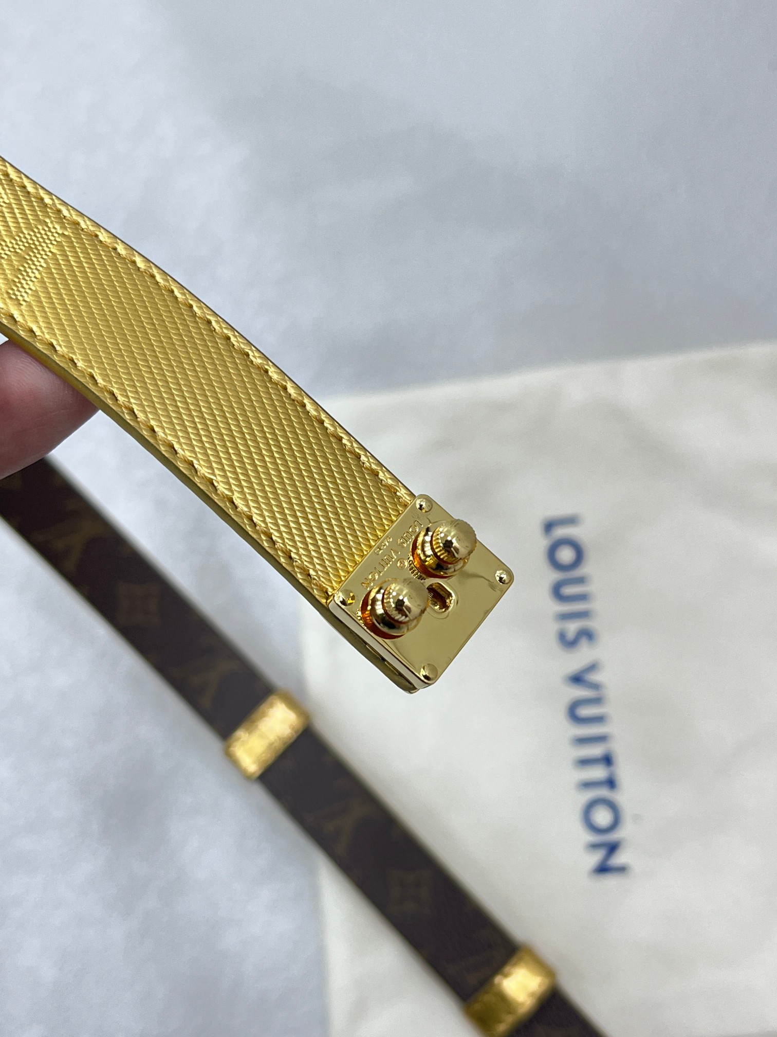 2.0金边Serrures 腰带取材牛皮革，以耀目 S-Lock 搭扣致意品牌传统硬箱。路易威登标识压纹