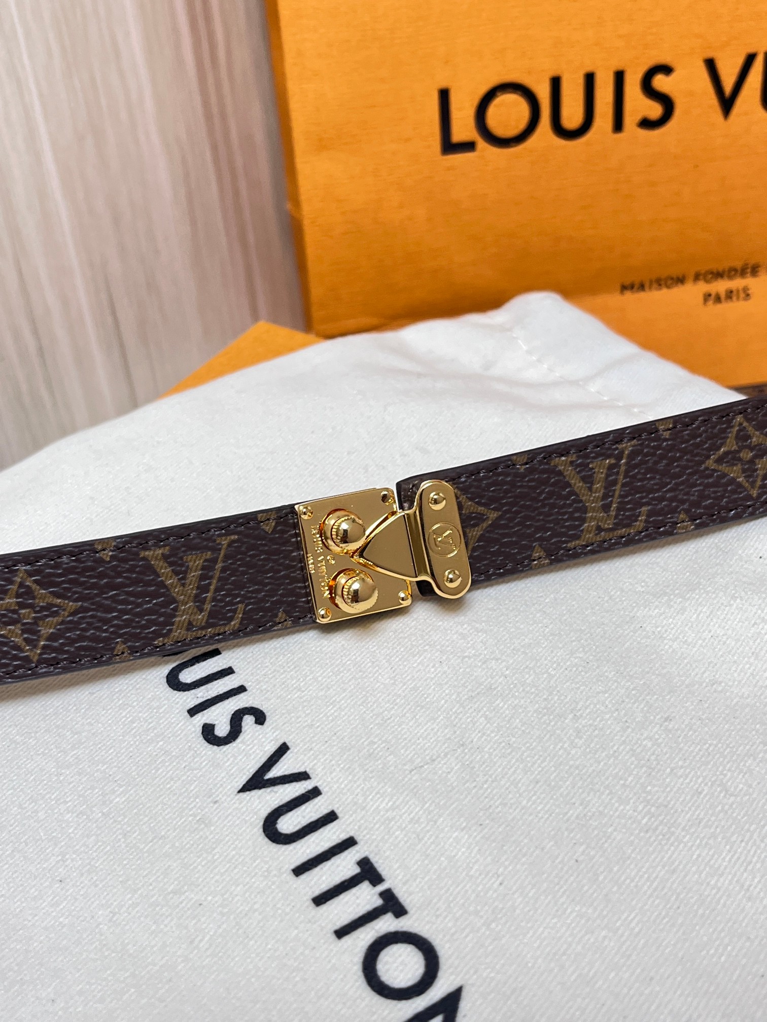 2.0宽双面帆布印花， 腰带取材牛皮革，以耀目 S-Lock 搭扣致意品牌传统硬箱。路易威登标识压纹和 