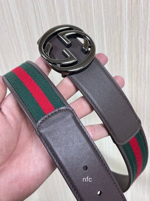Gucci Reversible Belt with Red/Green Web and Double G Buckle - Brown Leather 1 Gucci Reversible Belt with Red/Green Web and Double G Buckle - Brown Leather