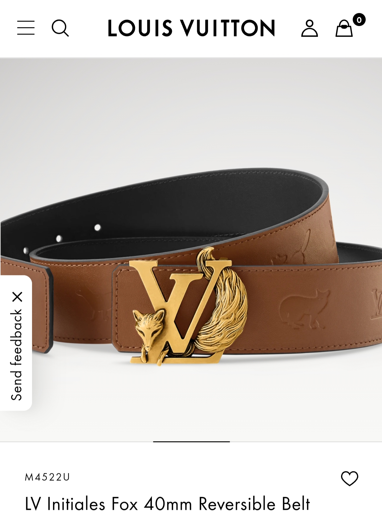 当季新款.40毫米双面腰带，采用双面设计（一面压印狐狸轮廓，一面为深色），搭配金色LV logo扣，兼具