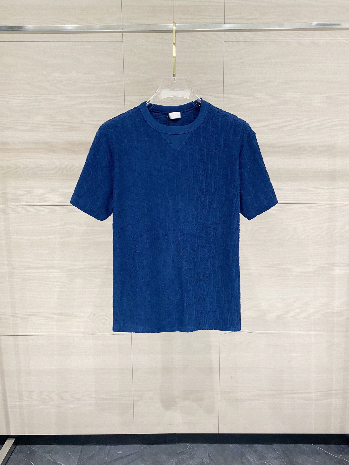 P120 Dior 25ss nueva camiseta de tejido de rizo de algodón azul marino decorada con un motivo jacquard tonal, que rinde…